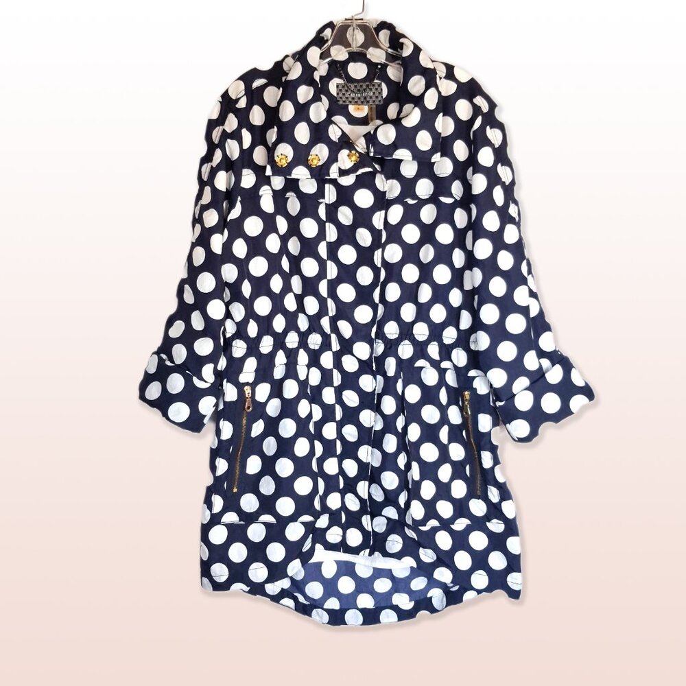 Casablanca Navy White Polka Dot Raincoat Zip Snap Front Hideaway Hood Size L